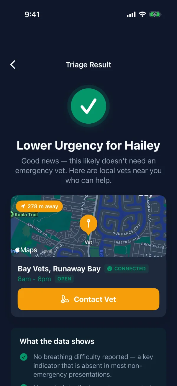 The app showing a lower urgency result with vets nearby