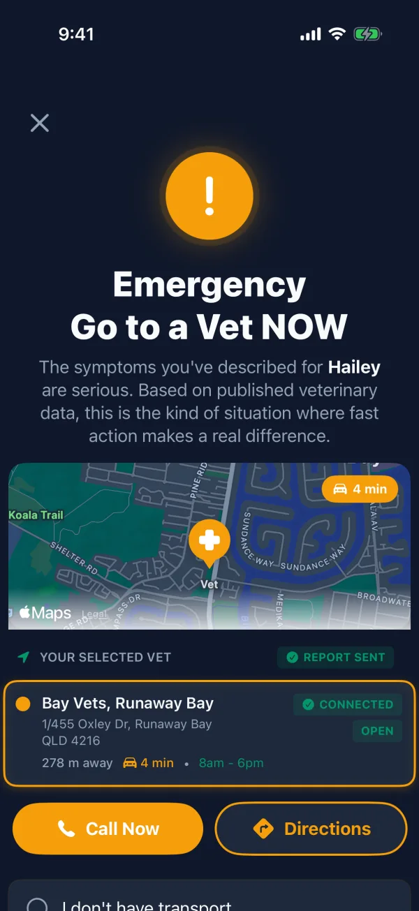 The app showing an emergency result that says go to a vet now